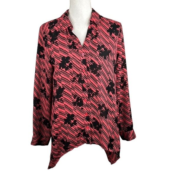 Dana Buchman Black & Pink Floral High Low Long Sleeve Button Down Top Size M - Picture 1 of 7